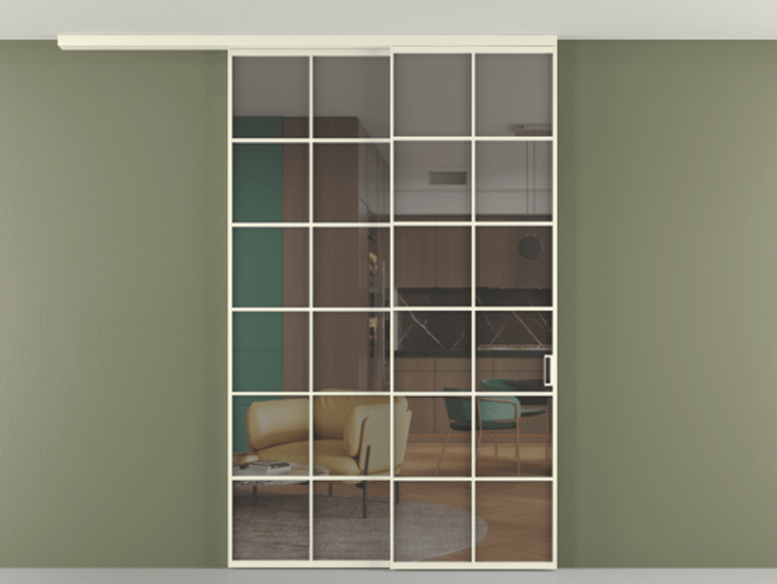 Перегородка Формато вдоль стены на потолок 2 створки с синхронным механизмом АЛПР 040.05 Алюминий молочно-белый Прозрачное серое стекло, триплекс Цена 15210 AZE | Volhovec