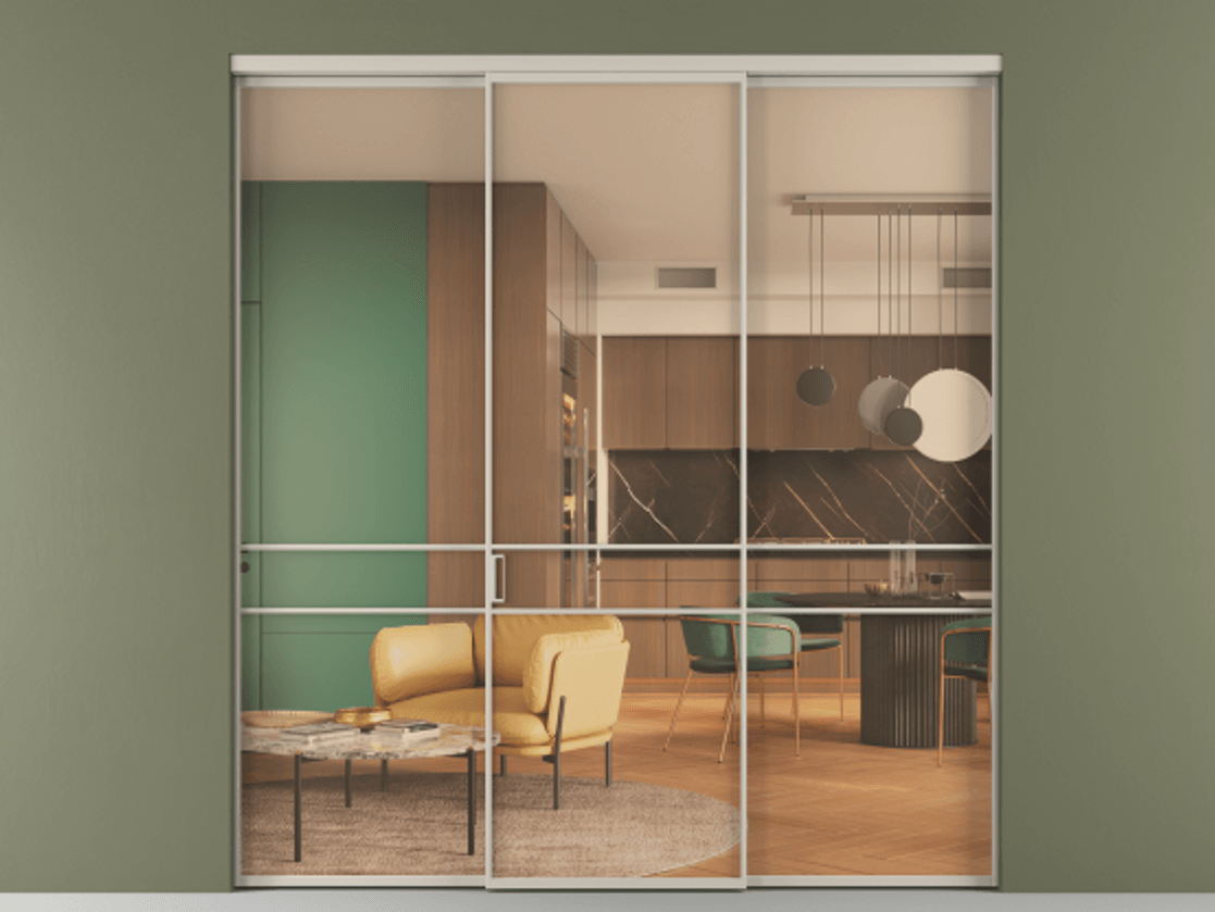 Перегородка Формато внутри проёма 3 створки АЛПР 040.02 Алюминий светло-бежевый Прозрачное оранжевое стекло, триплекс Цена 12400 AZE | Volhovec