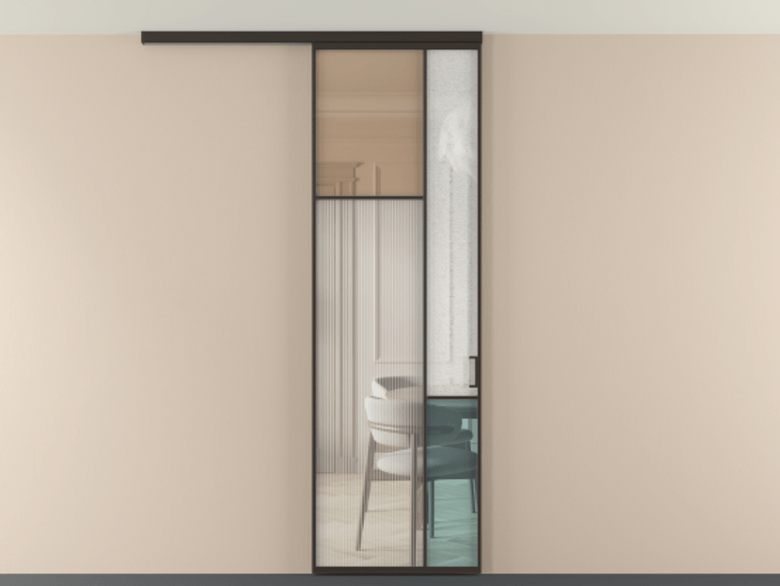 Перегородка Мозаик вдоль стены на потолок 1 створка АЛПР 041.10 Алюминий антрацит Комбинация стекол Группы 1 и Группы 3 Цена 7400 AZE | Volhovec