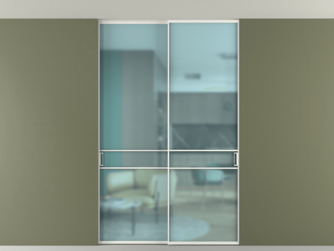 Перегородка Формато внутри проёма скрытое крепление в потолок 2 створки АЛПР 040.02 Алюминий светло-серый Сатинированное голубое стекло, триплекс Цена 13400 AZE | Volhovec