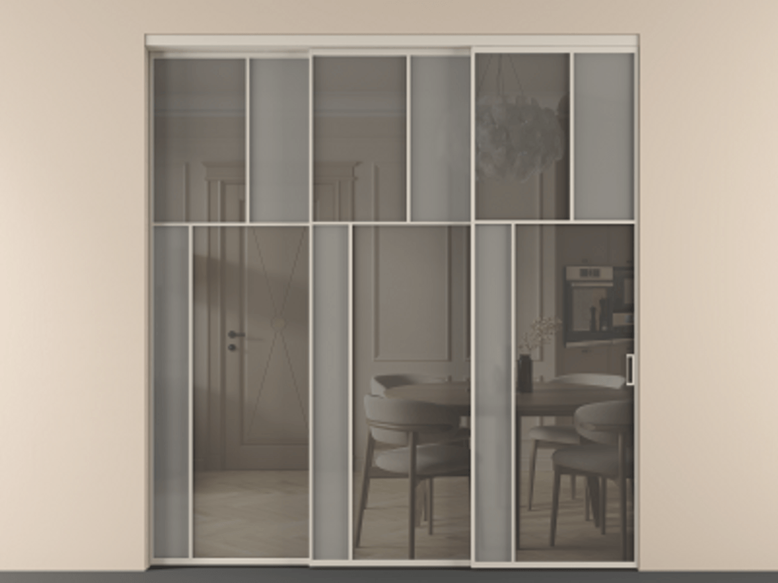 Перегородка Mosaic внутри проёма 3 створки с синхронным механизмом АЛПР 041.22 Алюминий светло-бежевый Сатинированное серое стекло, триплекс, 6 мм + Прозрачное серое стекло, триплекс. Цена 22800 AZE . Фабрика дверей Волховец 8 (800) 551 43 19 Перегородка Mosaic внутри проёма 3 створки с синхронным механизмом АЛПР 041.22 Алюминий светло-бежевый Сатинированное серое стекло, триплекс, 6 мм + Прозрачное серое стекло, триплекс Цена 22800 AZE | Volhovec