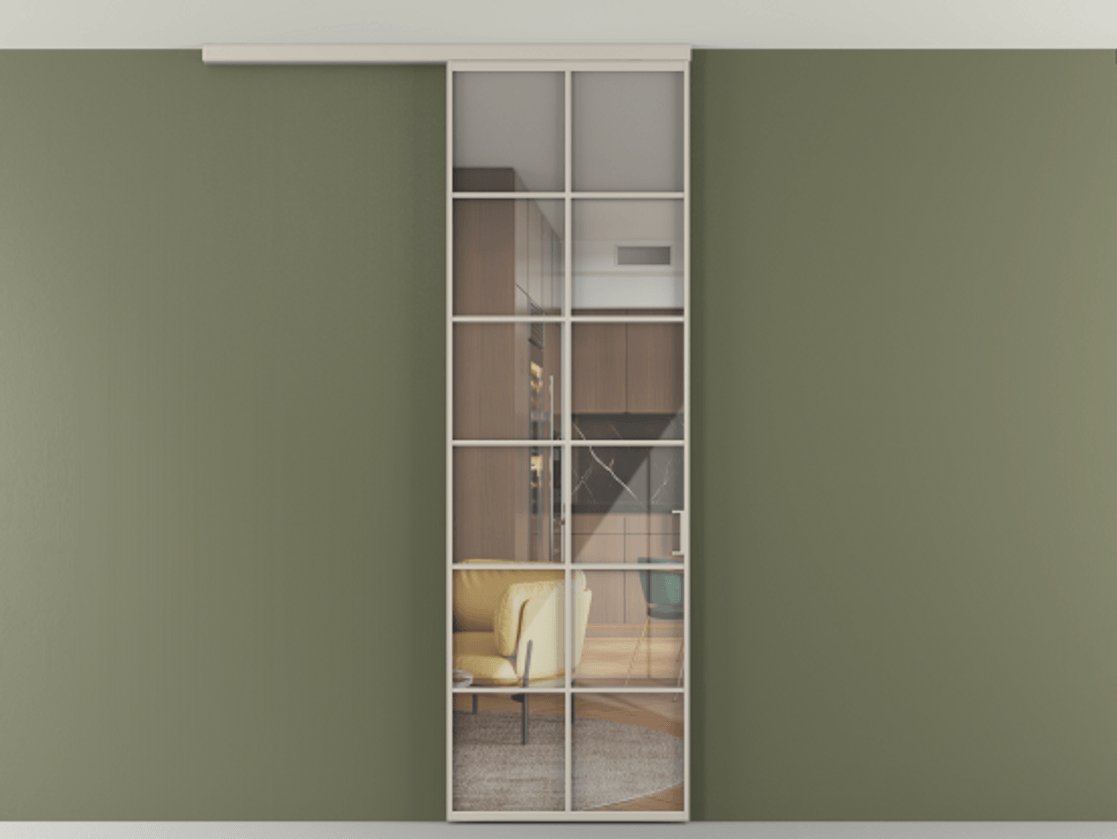 Перегородка Формато вдоль стены на потолок 1 створка АЛПР 040.05 Алюминий светло-бежевый Рефлективное прозрачное стекло "Стопсол", калёное Цена 5960 AZE | Volhovec