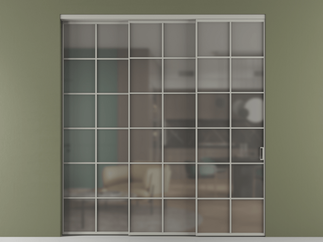 Перегородка Formato внутри проёма 3 створки с синхронным механизмом АЛПР 040.05 Алюминий нейтральный серый Сатинированное серое стекло, триплекс Цена 363260 ₽  | Volhovec