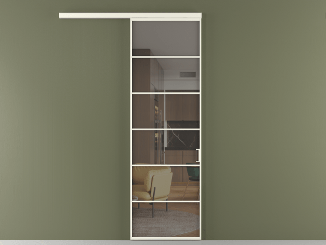 Перегородка Формато вдоль стены 1 створка АЛПР 040.04 Алюминий жемчужный Прозрачное серое стекло, триплекс Цена 5850 AZE  | Volhovec