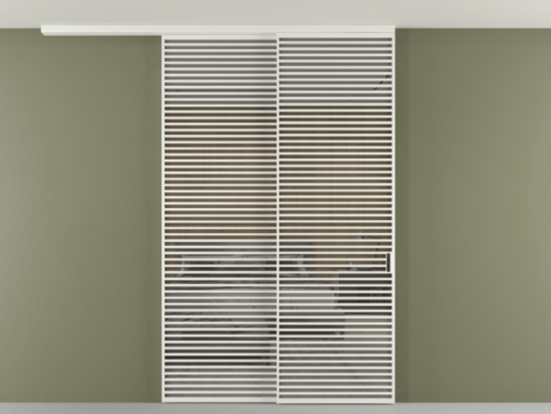 Перегородка Формато вдоль стены на потолок 2 створки с синхронным механизмом АЛПР 040.07 Алюминий светло-серый Рефлективное серое стекло "Стопсол", калёное Цена 28280 AZE | Volhovec