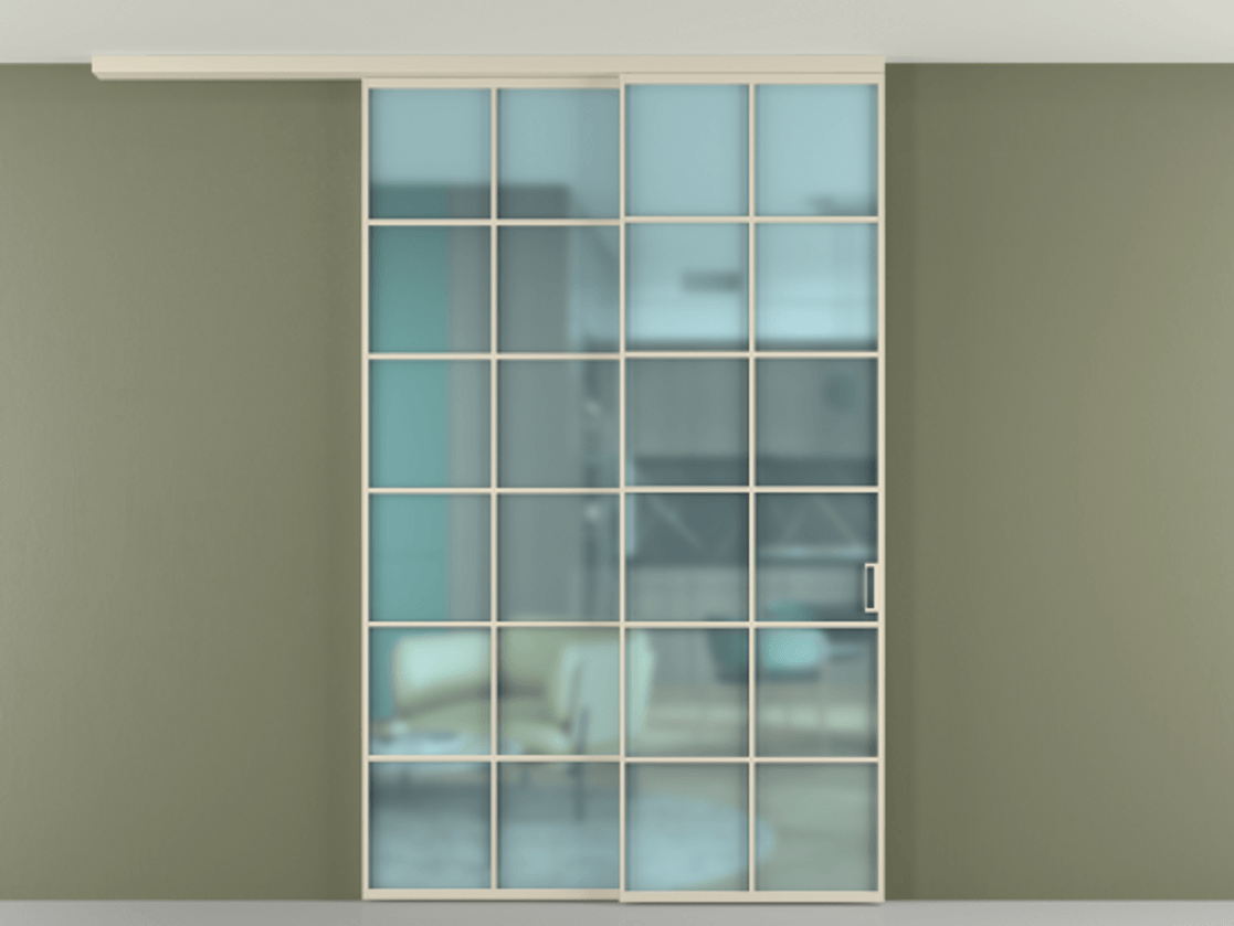 Перегородка Formato вдоль стены на потолок 2 створки с синхронным механизмом АЛПР 040.05 Алюминий бежево-серый Сатинированное голубое стекло, триплекс Цена 17100 AZE | Volhovec