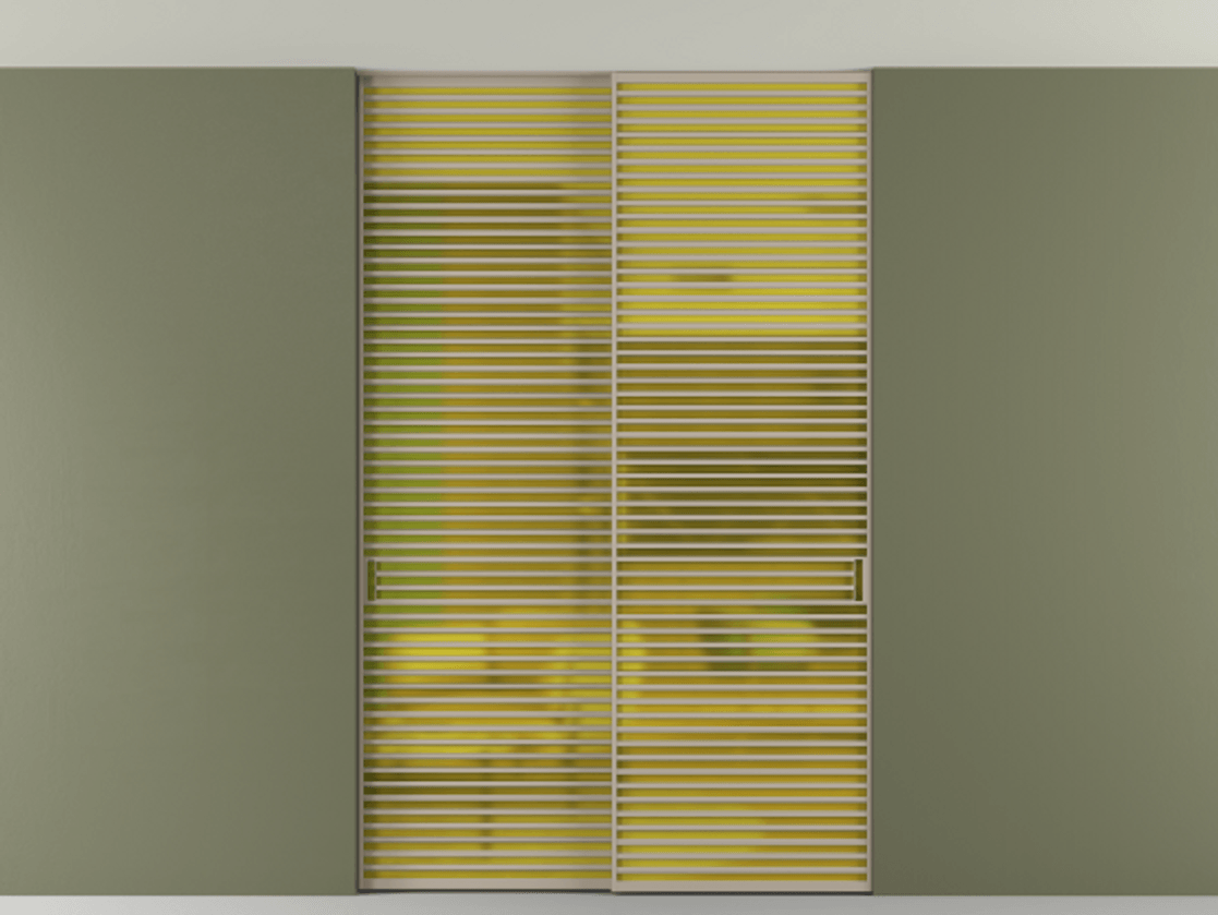 Перегородка Формато внутри проёма скрытое крепление в потолок 2 створки АЛПР 040.07 Алюминий бисквитный Сатинированное жёлтое стекло, триплекс Цена 21400 AZE | Volhovec