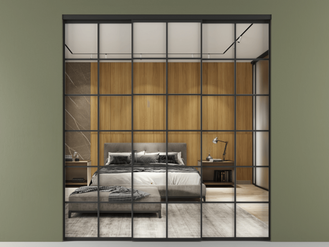 Перегородка Formato внутри проёма 3 створки АЛПР 040.05 Алюминий Черный Двустороннее зеркало, триплекс , триплекс 6 мм Цена 12750 AZE | Volhovec