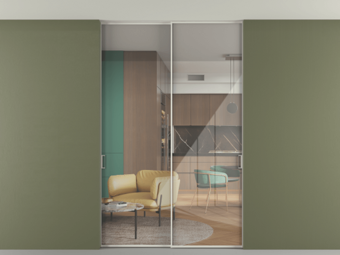 Перегородка Формато внутри проёма скрытое крепление в потолок 2 створки АЛПР 040.01 Алюминий Белый Рефлективное прозрачное стекло "Стопсол", калёное Цена 14920 AZE | Volhovec