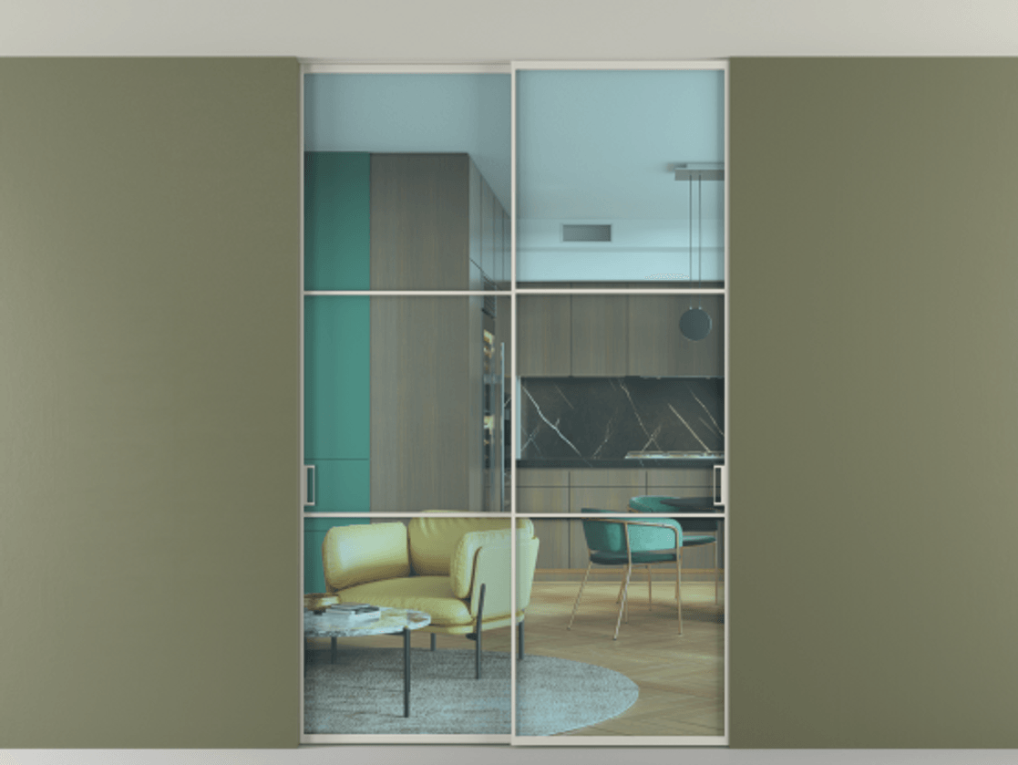 Перегородка Формато внутри проёма скрытое крепление в потолок 2 створки АЛПР 040.03 Алюминий тёплый серый Прозрачное голубое стекло, триплекс Цена 12900 AZE | Volhovec