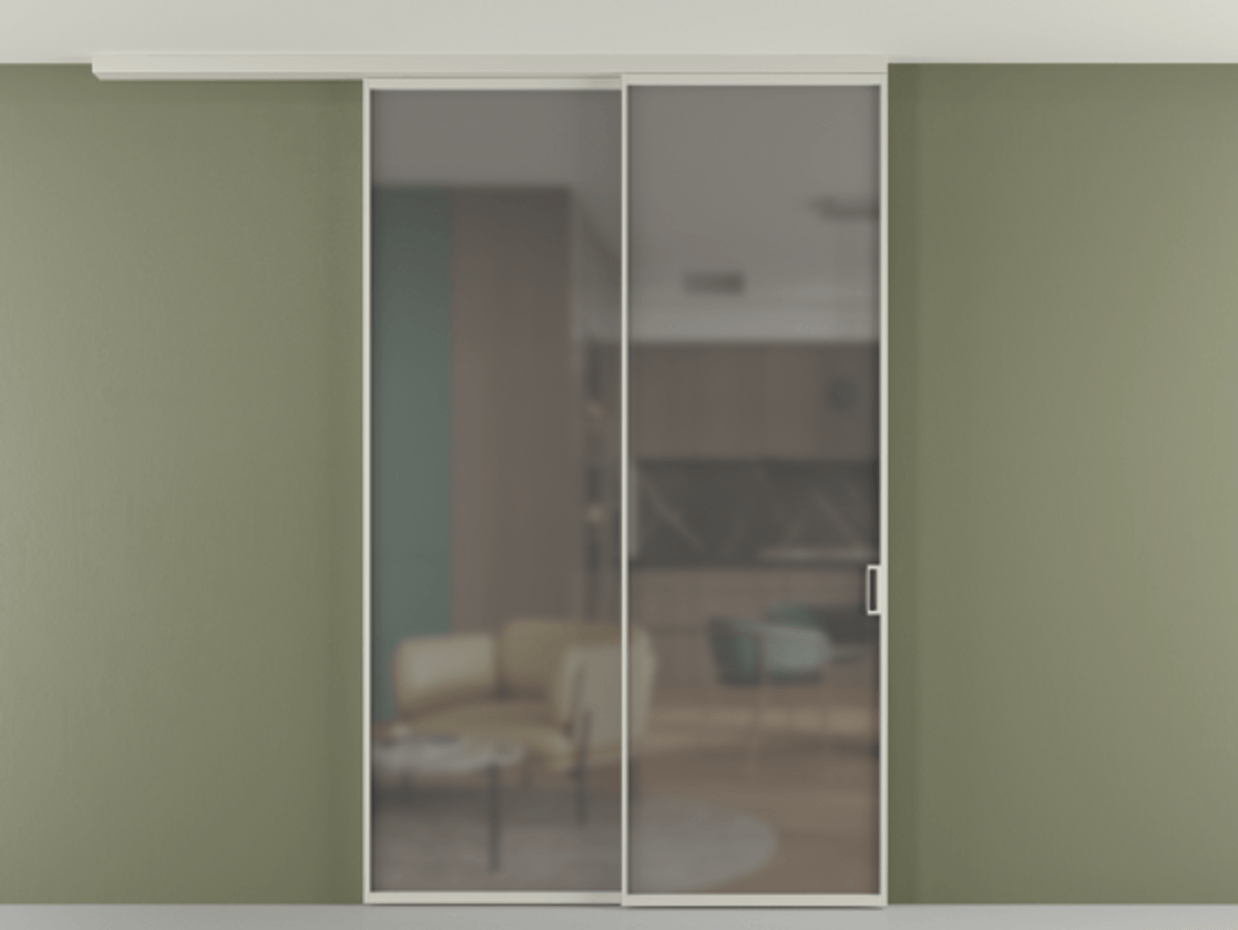 Перегородка Формато вдоль стены на потолок 2 створки с синхронным механизмом АЛПР 040.01 Алюминий тёплый серый Сатинированное серое стекло, триплекс Цена 15590 AZE | Volhovec