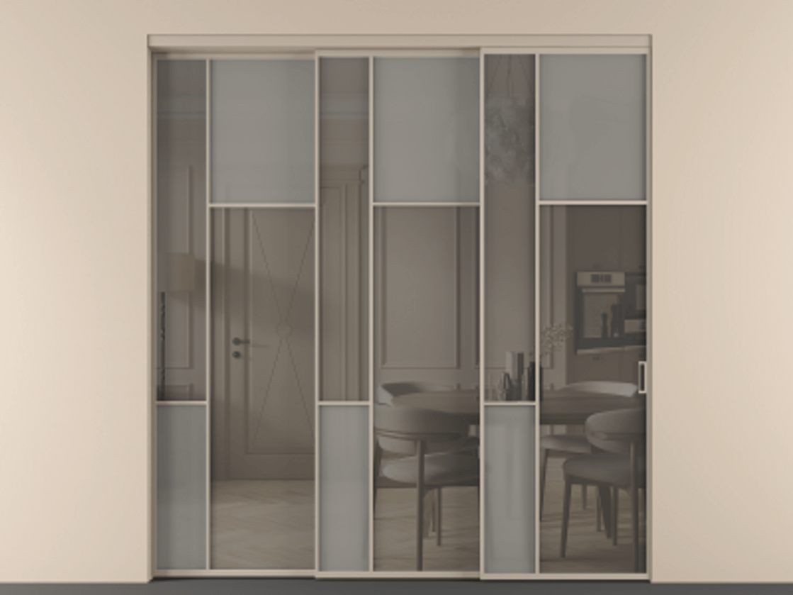 Перегородка Мозаик внутри проёма 3 створки с синхронным механизмом АЛПР 041.11 Алюминий бисквитный Сатинированное серое стекло, триплекс, 6 мм + Прозрачное серое стекло, триплекс Цена 88790170 so'm | Volhovec