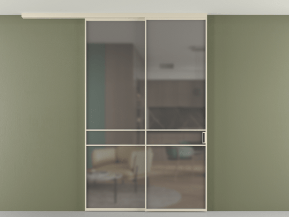 Перегородка Формато вдоль стены на потолок 2 створки с синхронным механизмом АЛПР 040.02 Алюминий бежево-серый Сатинированное серое стекло, триплекс Цена 16210 AZE | Volhovec