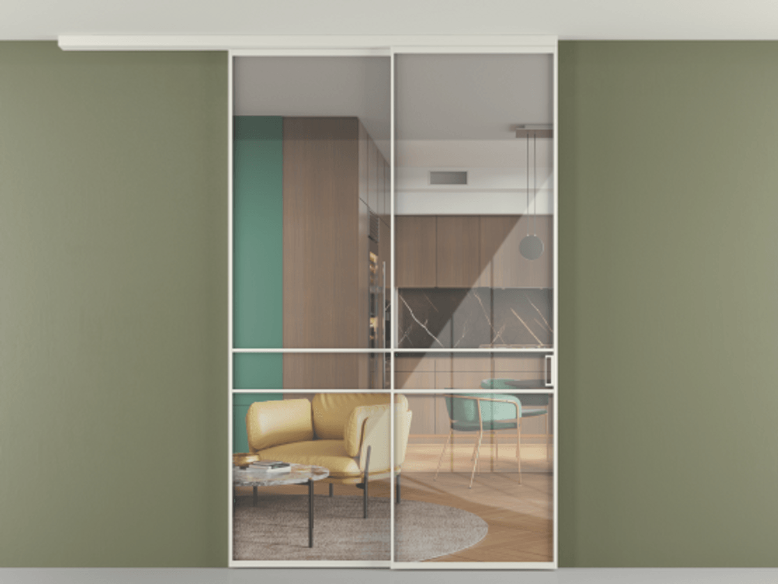 Перегородка Формато вдоль стены на потолок 2 створки с синхронным механизмом АЛПР 040.02 Алюминий Белый Рефлективное прозрачное стекло "Стопсол", калёное Цена 16270 AZE | Volhovec