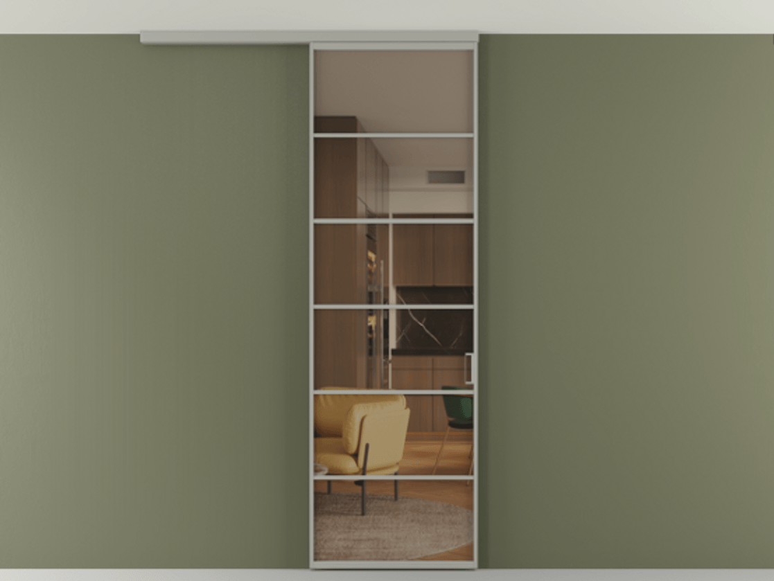 Перегородка Формато вдоль стены на потолок 1 створка АЛПР 040.04 Алюминий нейтральный серый Прозрачное бронзовое стекло, триплекс Цена 5620 AZE | Volhovec