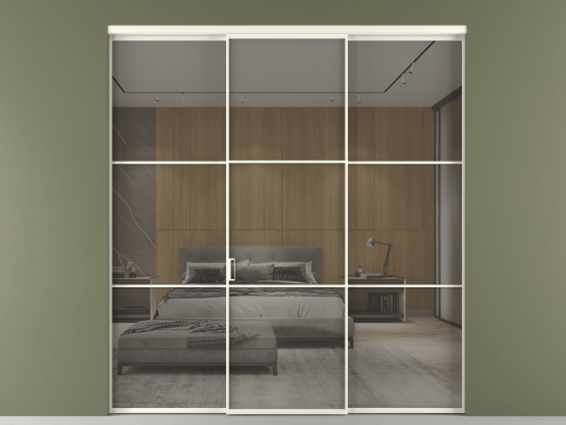 Перегородка Формато внутри проёма 3 створки АЛПР 040.03 Алюминий жемчужный Рефлективное серое стекло "Стопсол", калёное Цена 16550 AZE | Volhovec