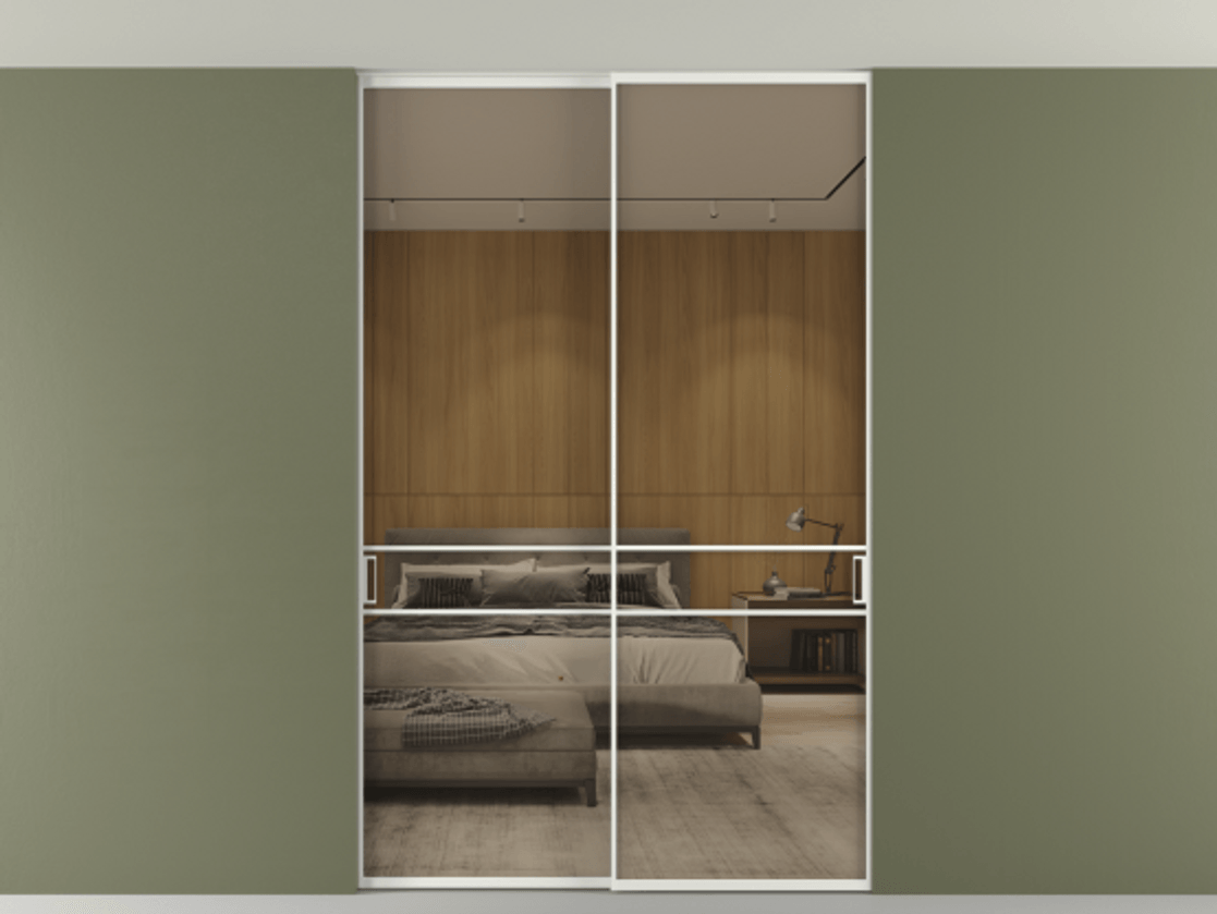 Перегородка Formato внутри проёма скрытое крепление в потолок 2 створки АЛПР 040.02 Алюминий светло-серый Рефлективное бронзовое стекло "Стопсол", калёное Цена 15930 AZE | Volhovec