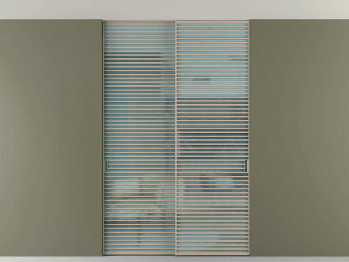 Перегородка Формато внутри проёма скрытое крепление в потолок 2 створки АЛПР 040.07 Алюминий бисквитный Сатинированное голубое стекло, триплекс Цена 21400 AZE | Volhovec