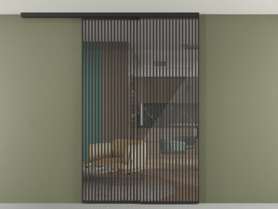 Перегородка Формато вдоль стены на потолок 2 створки с синхронным механизмом АЛПР 040.06 Алюминий Черный Рефлективное прозрачное стекло "Стопсол", калёное Цена 26970 AZE | Volhovec