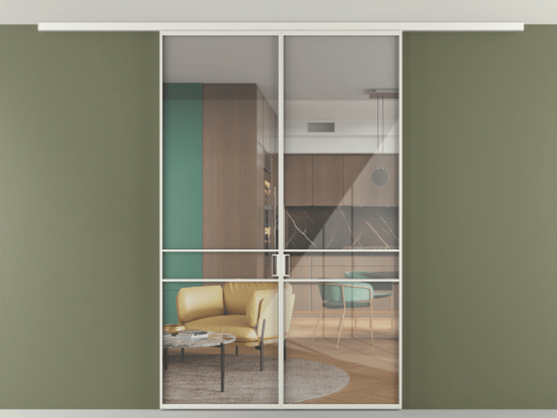 Перегородка Формато вдоль стены на потолок 2 створки АЛПР 040.02 Алюминий серый Рефлективное прозрачное стекло "Стопсол", калёное Цена 10830 AZE | Volhovec