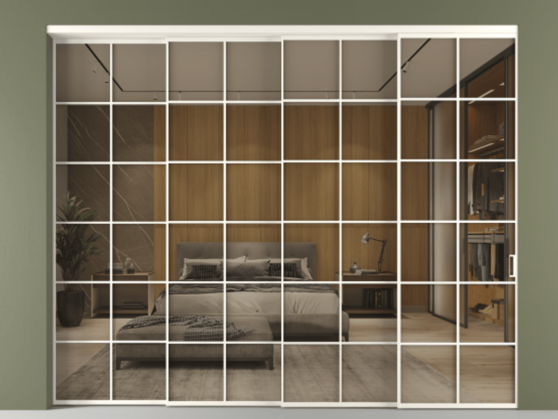 Перегородка Формато внутри проёма 4 створки с синхронным механизмом АЛПР 040.05 Алюминий пудровый белый Рефлективное бронзовое стекло "Стопсол", калёное. Цена 26810 AZE 1. Полотно 4 шт. (800/2100 мм)
2. Комплект установки раздвижной системы
3. Базовый комплект фурнитуры
4. Комплект фурнитуры телескопик синхро-3
5. Ручка Рондо. Фабрика дверей Волховец 8 (800) 551 43 19 Перегородка Формато внутри проёма 4 створки с синхронным механизмом АЛПР 040.05 Алюминий пудровый белый Рефлективное бронзовое стекло "Стопсол", калёное Цена 26810 AZE | Volhovec