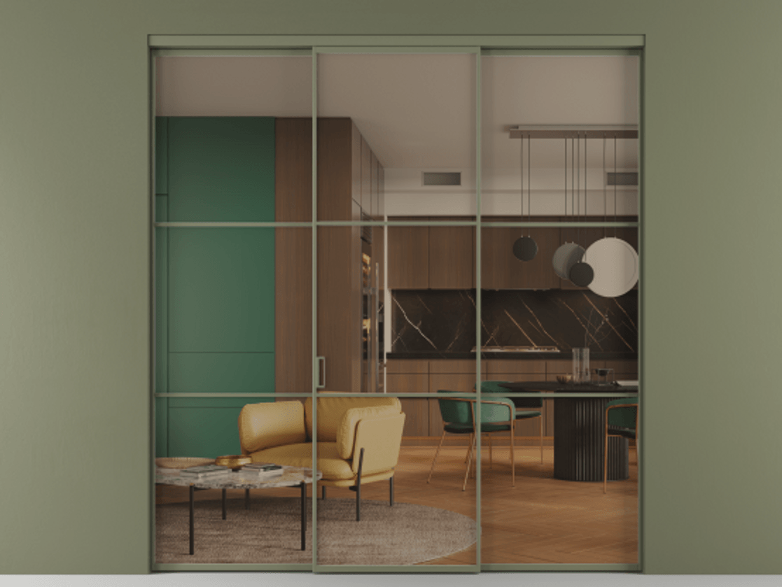 Перегородка Formato внутри проёма 3 створки АЛПР 040.03 Алюминий оливковый тёмный Прозрачное бронзовое стекло, триплекс Цена 12370 AZE | Volhovec