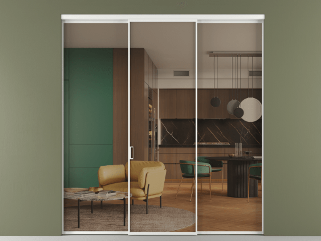 Перегородка Формато внутри проёма 3 створки АЛПР 040.01 Алюминий белоснежный Прозрачное бронзовое стекло, триплекс Цена 11730 AZE | Volhovec