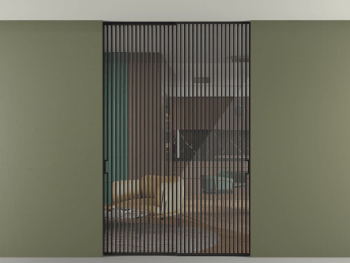 Перегородка Формато внутри проёма скрытое крепление в потолок 2 створки АЛПР 040.06 Алюминий Черный Рефлективное прозрачное стекло "Стопсол", калёное Цена 26210 AZE | Volhovec