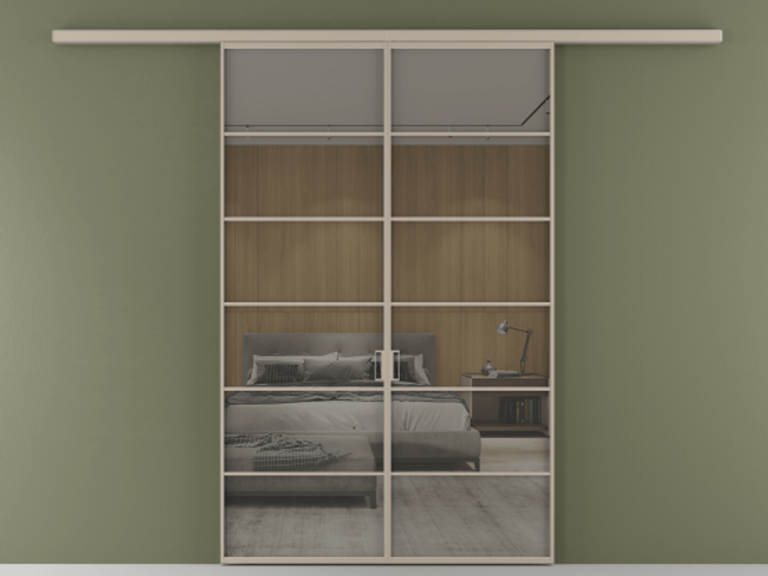 Перегородка Формато вдоль стены 2 створки АЛПР 040.04 Алюминий бисквитный Рефлективное серое стекло "Стопсол", калёное Цена 13790 AZE | Volhovec