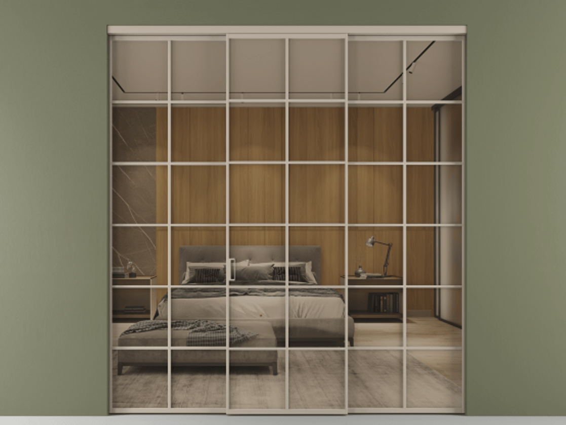 Перегородка Формато внутри проёма 3 створки АЛПР 040.05 Алюминий бисквитный Рефлективное бронзовое стекло "Стопсол", калёное Цена 17770 AZE | Volhovec