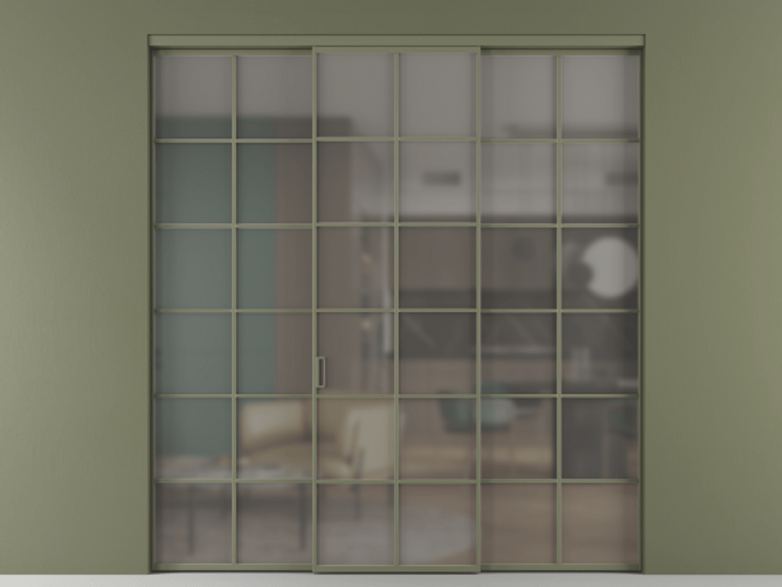 Перегородка Формато внутри проёма 3 створки АЛПР 040.05 Алюминий оливковый тёмный Сатинированное серое стекло, триплекс Цена 13280 AZE | Volhovec