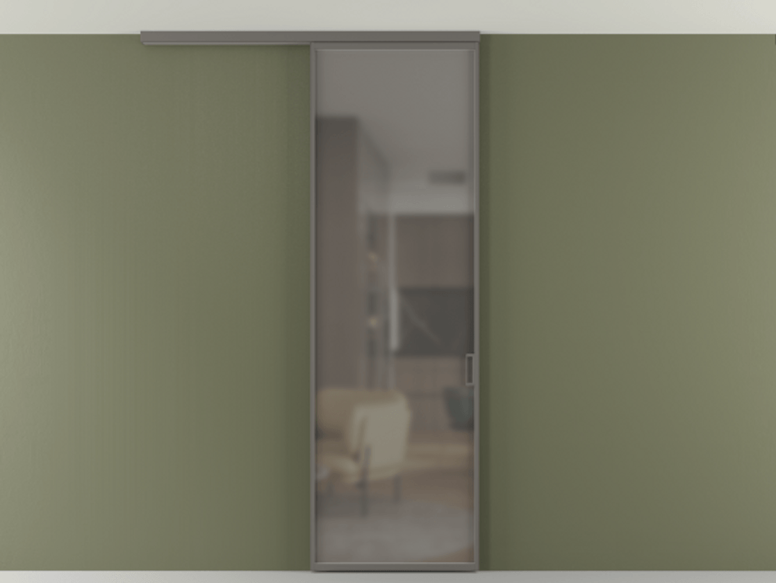 Перегородка Формато вдоль стены на потолок 1 створка АЛПР 040.01 Алюминий классический серый Сатинированное серое стекло, триплекс Цена 4820 AZE | Volhovec