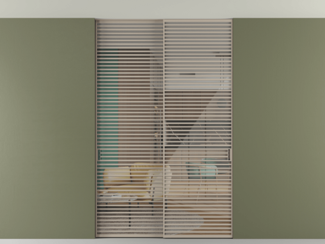 Перегородка Формато внутри проёма скрытое крепление в потолок 2 створки АЛПР 040.07 Алюминий бисквитный Рефлективное прозрачное стекло "Стопсол", калёное Цена 27160 AZE | Volhovec