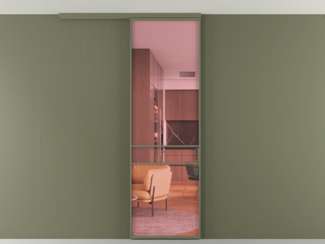 Перегородка Formato вдоль стены на потолок 1 створка АЛПР 040.02 Алюминий оливковый тёмный Прозрачное розовое стекло, триплекс Цена 5300 AZE | Volhovec