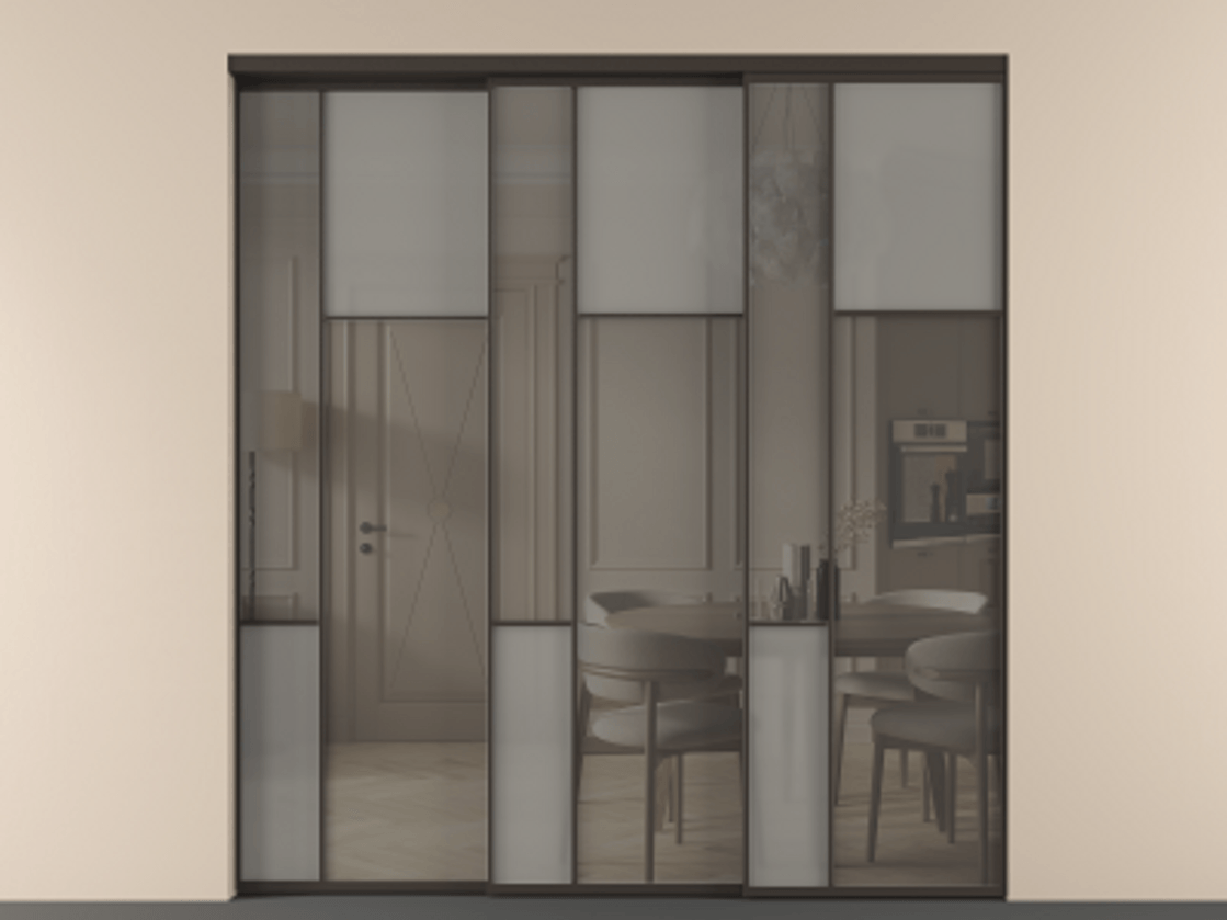 Перегородка Mosaic внутри проёма 3 створки с синхронным механизмом АЛПР 041.11 Алюминий антрацит Сатинированное серое стекло, триплекс, 6 мм + Прозрачное серое стекло, триплекс Цена 22800 AZE | Volhovec