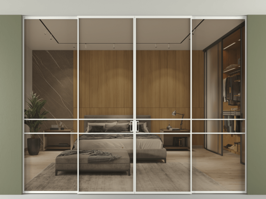 Перегородка Formato внутри проёма скрытое крепление в потолок 4 створки АЛПР 040.02 Алюминий светло-серый Рефлективное бронзовое стекло "Stopsol", калёное Цена 28940 AZE | Volhovec