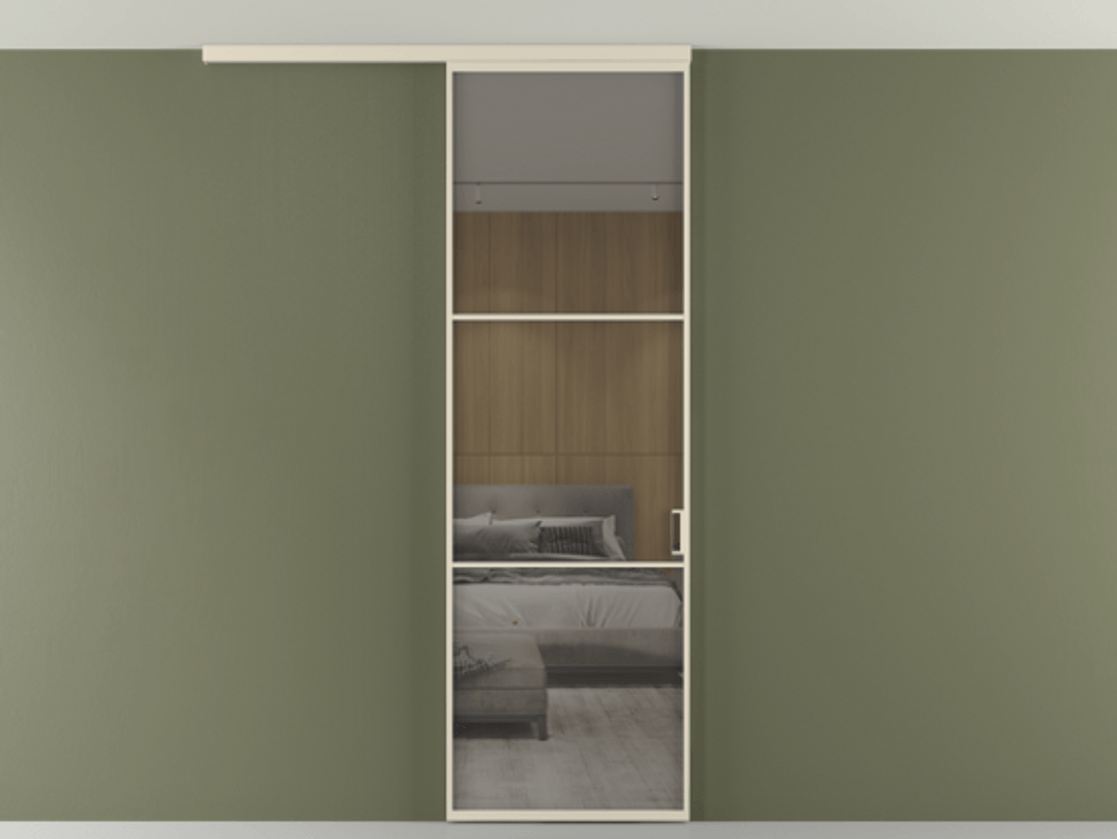 Перегородка Формато вдоль стены на потолок 1 створка АЛПР 040.03 Алюминий бежево-серый Рефлективное серое стекло "Стопсол", калёное Цена 6540 AZE | Volhovec