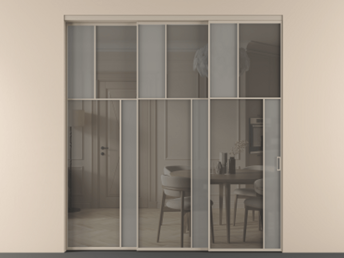 Перегородка Mosaic внутри проёма 3 створки с синхронным механизмом АЛПР 041.23 Алюминий бисквитный Сатинированное серое стекло, триплекс, 6 мм + Прозрачное серое стекло, триплекс Цена 22800 AZE | Volhovec