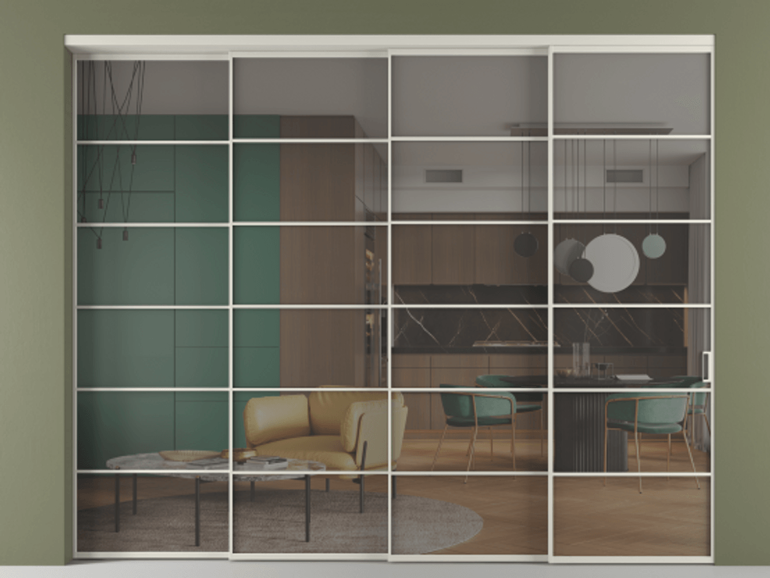 Перегородка Формато внутри проёма 4 створки с синхронным механизмом АЛПР 040.04 Алюминий тёплый серый Прозрачное серое стекло, триплекс Цена 25470 AZE | Volhovec