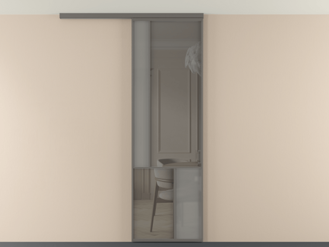 Перегородка Мозаик вдоль стены на потолок 1 створка АЛПР 041.20 Алюминий классический серый Сатинированное серое стекло, триплекс, 6 мм + Прозрачное серое стекло, триплекс Цена 7040 AZE | Volhovec