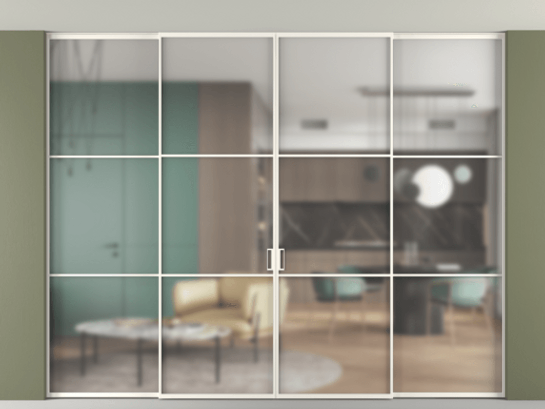 Перегородка Formato внутри проёма скрытое крепление в потолок 4 створки АЛПР 040.03 Алюминий пудровый белый Сатинированное стекло "Мателюкс Кристал Вижн", калёное, матовое, каленое 6 мм Цена 28940 AZE | Volhovec