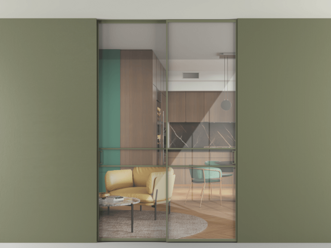 Перегородка Формато внутри проёма скрытое крепление в потолок 2 створки АЛПР 040.02 Алюминий оливковый тёмный Рефлективное прозрачное стекло "Стопсол", калёное Цена 305520 ₽ | Volhovec