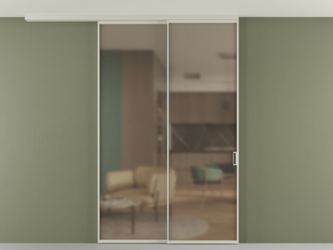 Перегородка Формато вдоль стены на потолок 2 створки с синхронным механизмом АЛПР 040.01 Алюминий тёплый серый Сатинированное бронзовое стекло, триплекс Цена 15590 AZE | Volhovec