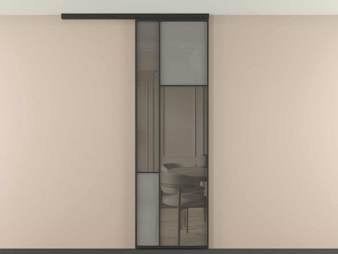 Перегородка Mosaic вдоль стены на потолок 1 створка АЛПР 041.11 Алюминий Черный Сатинированное серое стекло, триплекс, 6 мм + Прозрачное серое стекло, триплекс Цена 6750 AZE | Volhovec