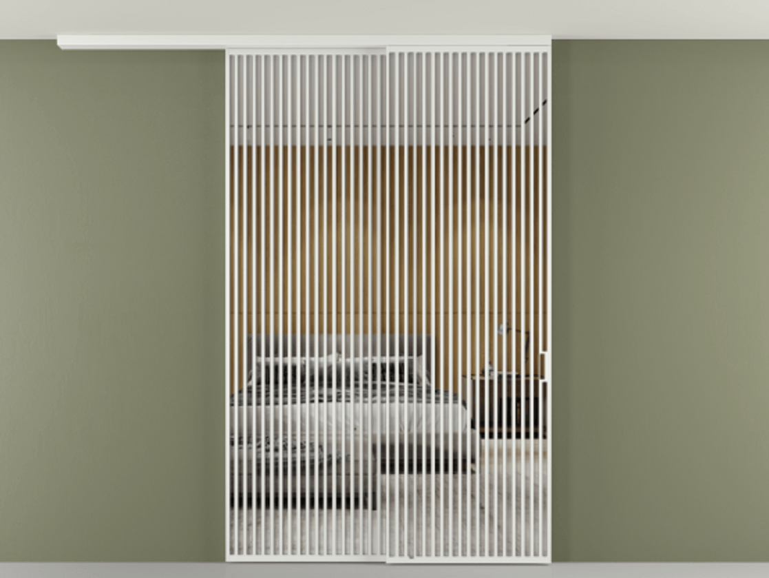 Перегородка Формато вдоль стены на потолок 2 створки с синхронным механизмом АЛПР 040.06 Алюминий белоснежный Двустороннее зеркало, триплекс , триплекс 6 мм Цена 23480 AZE | Volhovec