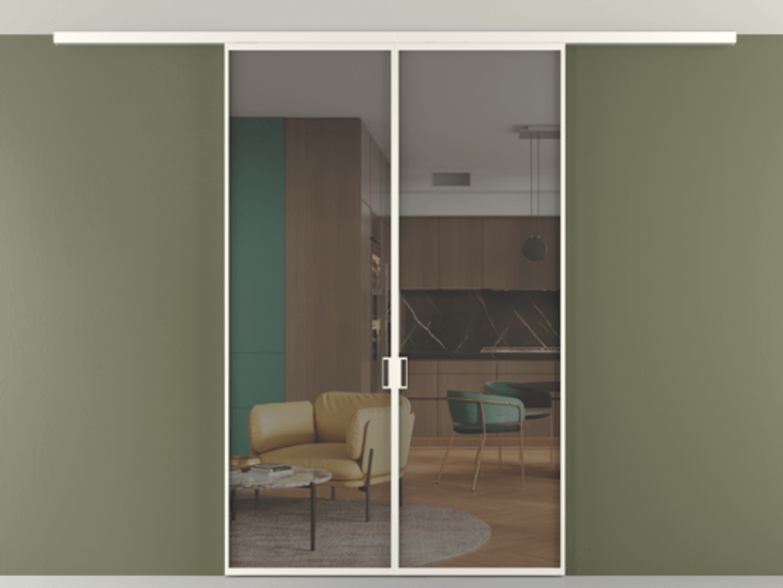 Перегородка Формато вдоль стены на потолок 2 створки АЛПР 040.01 Алюминий пудровый белый Прозрачное серое стекло, триплекс Цена 9260 AZE | Volhovec