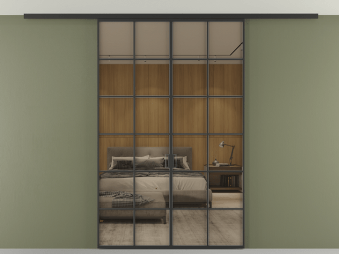 Перегородка Формато вдоль стены на потолок 2 створки АЛПР 040.05 Алюминий Черный Рефлективное бронзовое стекло "Стопсол", калёное Цена 13090 AZE | Volhovec