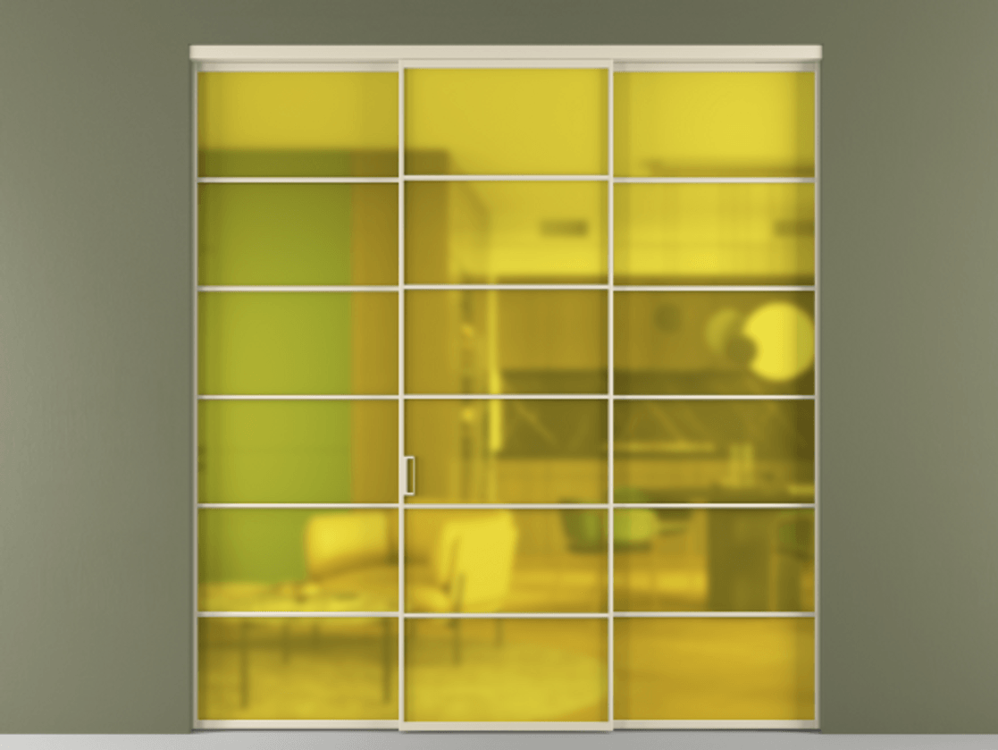 Перегородка Формато внутри проёма 3 створки АЛПР 040.04 Алюминий бежево-серый Сатинированное жёлтое стекло, триплекс Цена 13900 AZE | Volhovec