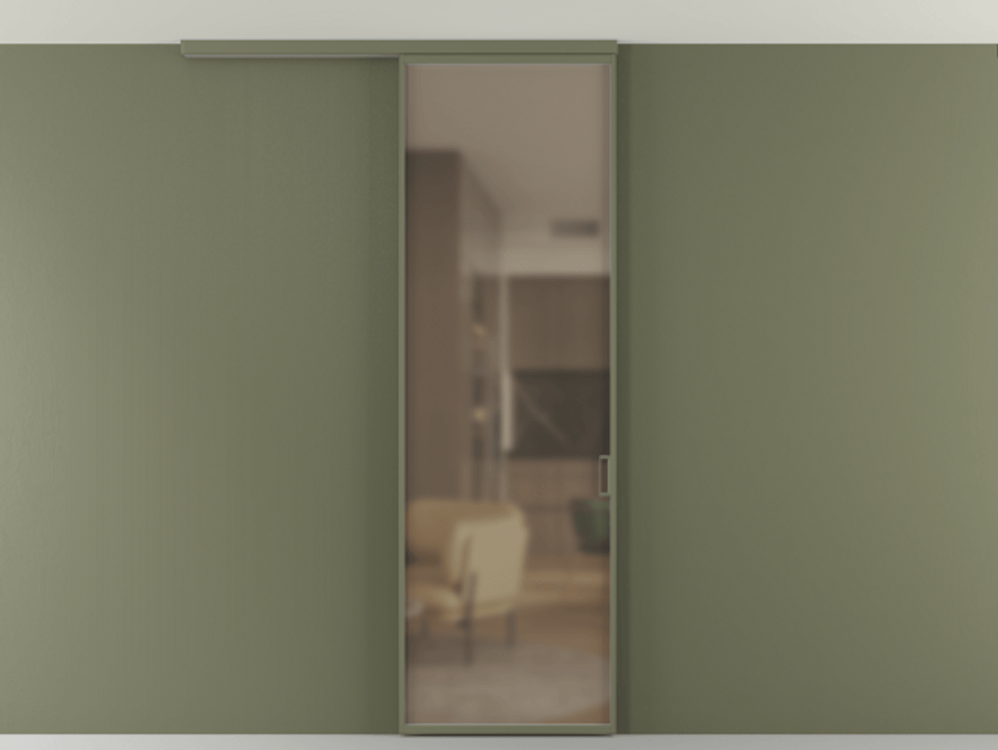 Перегородка Formato вдоль стены на потолок 1 створка АЛПР 040.01 Алюминий оливковый тёмный Сатинированное бронзовое стекло, триплекс Цена 92403 ₽ | Volhovec