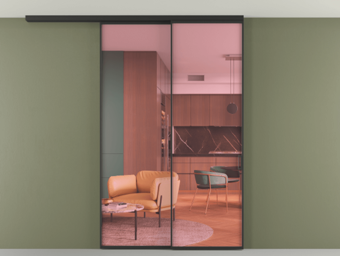 Перегородка Formato вдоль стены на потолок 2 створки с синхронным механизмом АЛПР 040.01 Алюминий Черный Прозрачное розовое стекло, триплекс Цена 13300 AZE | Volhovec